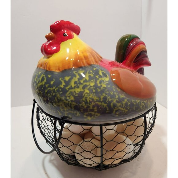 Ceramic Chicken Sitting on Black Metal Egg Basket with Eggs Farmhouse Decor - Picture 11 of 15